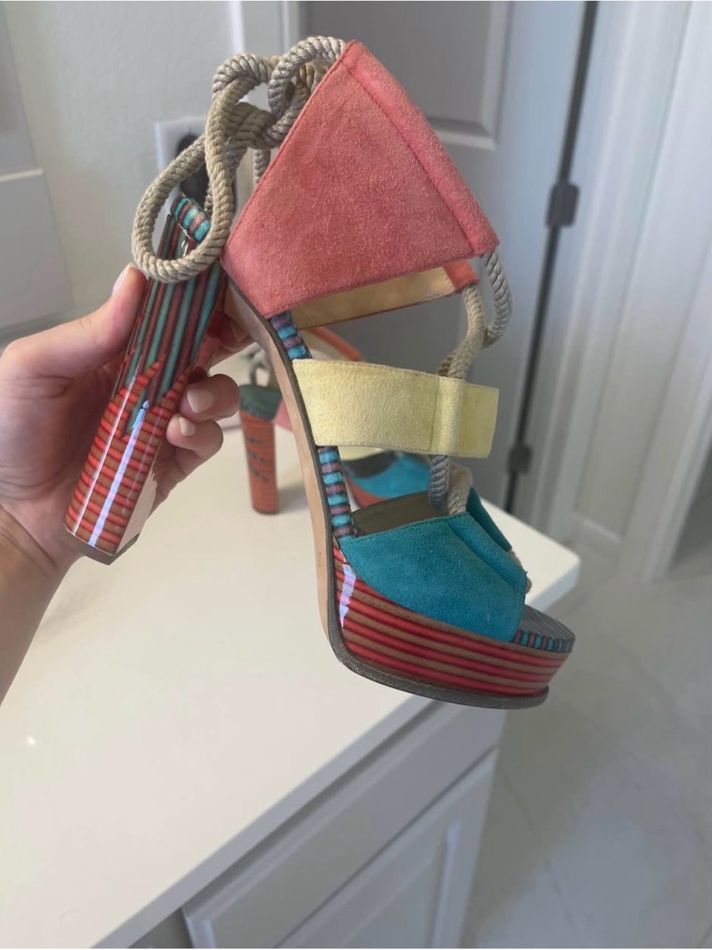 Jimmy Choo Multicolor Suede Platform Heel in Coral, Teal & Yellow